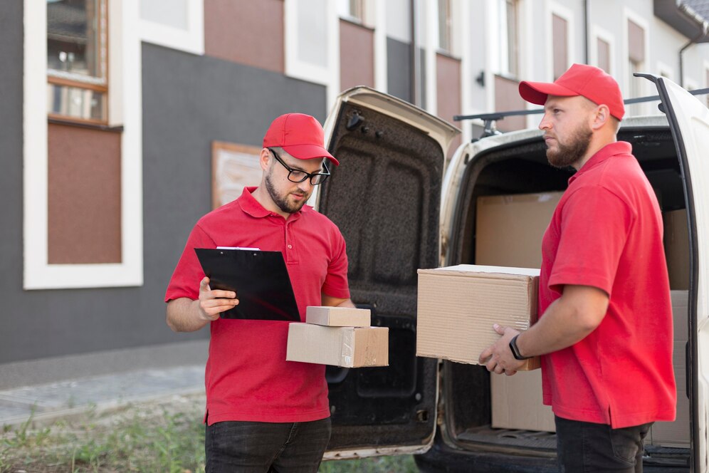 Front View Delivery Man With Packagaes 23 2148684703